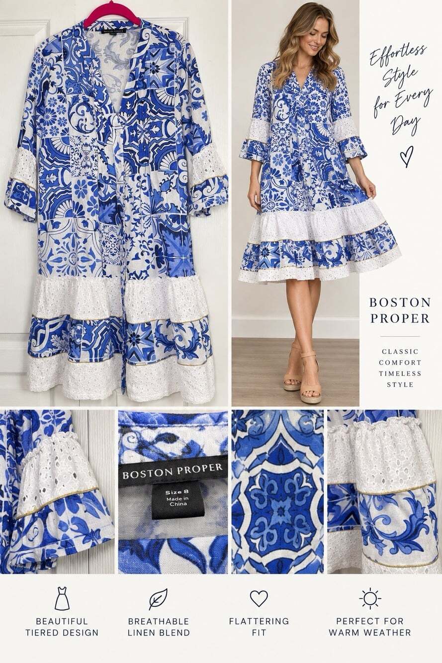 Boston Proper Size 8 Blue White Tile Print Linen Blend Tiered Dress